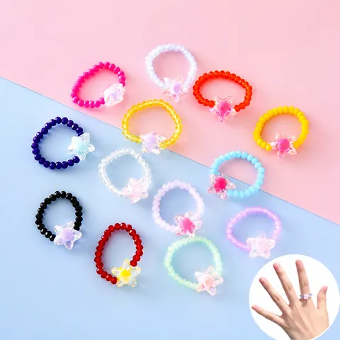 Cute Candy Color Beaded Ring Elastic Star Charm Adjustable Finger Jewelry Gift For Kids Girls Toddlers Sweet Accessories
