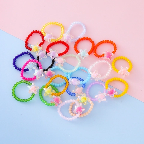 Cute Candy Color Beaded Ring Elastic Star Charm Adjustable Finger Jewelry Gift For Kids Girls Toddlers Sweet Accessories