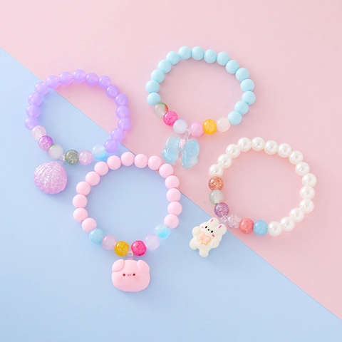 Kids Cartoon Animal Pendant Beaded Bracelet Faux Artificial Pearl Macaron Color Elastic Bracelet For Girls Toddlers Party Jewelry