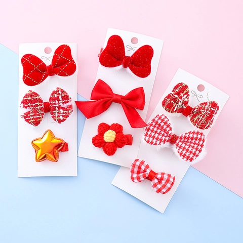 Ensemble de Barrettes Rouges de Fête pour Enfants Nœuds en Peluche Vichy pour Nouvel An Noël Accessoires de Cheveux Mignons