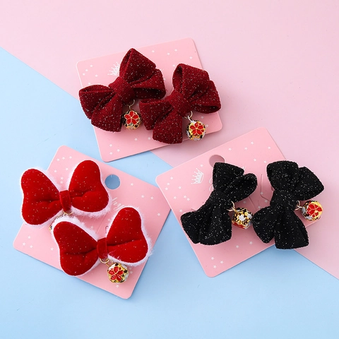 Barrette À Cheveux Nœud Papillon Enfant Fait Main Avec Pendentif Cloche Style Chinois Ruban Velours Pince Croco Nouvel An
