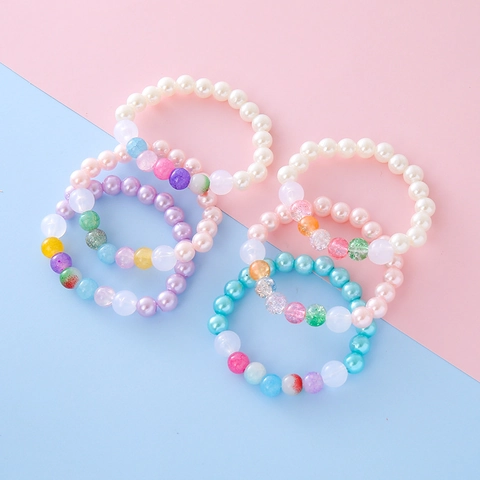 Children Girls Sweet Beaded Bracelet Macaron Colorful Imitation Artificial Pearl Crackle Beads Stretch Elastic Hand Jewelry For Daily Party Gift