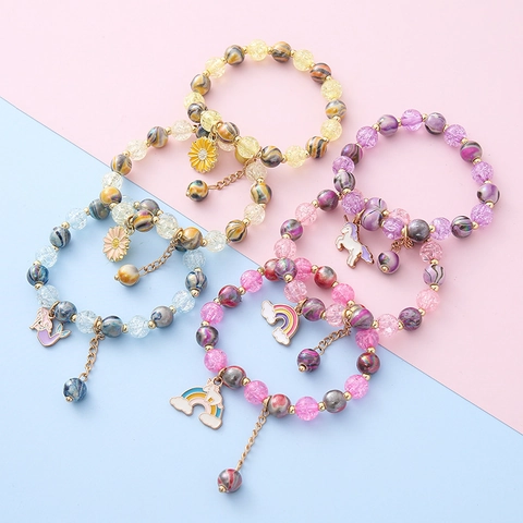 Linda Pulsera de Cuentas para Niños Colorido Dibujos Animados Unicornio Arcoíris Sirena Flor Colgante Cuenta de Resina Joyería para Niñas