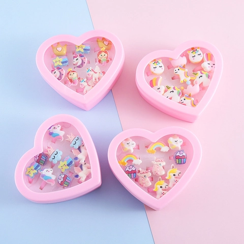 Cute Kids Cartoon Rings Set With Heart Gift Box Adjustable Resin Plastic Unicorn Mermaid Rainbow Star Finger Rings For Girls Birthday Party Favors