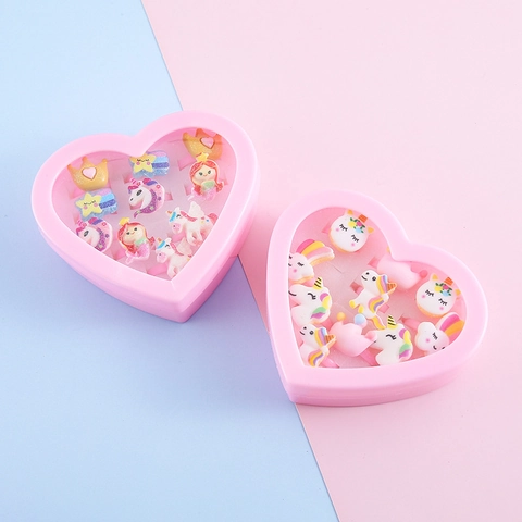 Cute Kids Cartoon Rings Set With Heart Gift Box Adjustable Resin Plastic Unicorn Mermaid Rainbow Star Finger Rings For Girls Birthday Party Favors