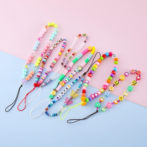 Handmade Polymer Clay Acrylic Smiley Face Fruit Beaded Phone Lanyard Anti-Lost Colorful LOVE Letter Mobile Phone Chain