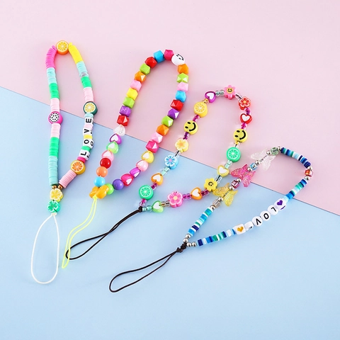 Handmade Polymer Clay Acrylic Smiley Face Fruit Beaded Phone Lanyard Anti-Lost Colorful LOVE Letter Mobile Phone Chain