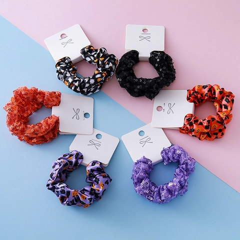 Chouchous Halloween Mignons avec Imprimé Fantôme Citrouille et Paillettes pour Enfants Filles Noir Violet Orange Polyester