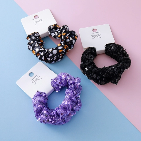 Chouchous Halloween Mignons avec Imprimé Fantôme Citrouille et Paillettes pour Enfants Filles Noir Violet Orange Polyester