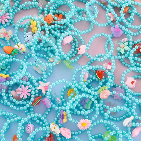Kids Cartoon Beaded Bracelet Rabbit Flower Fruit Charms Resin Faux Artificial Pearl Elastic Bracelet For Girls Princess Jewelry Toy