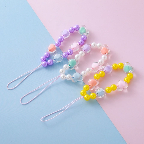 Colorful Imitation Artificial Pearl Beaded Phone Lanyard Acrylic Heart Charm Strap For Women Girls Phone Case Decor Anti-Lost Keychain