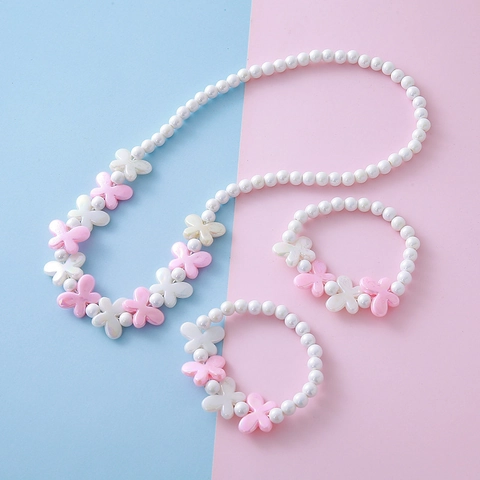 Conjunto De Joyas Infantiles Mariposa Acrílica Imitación Perla Artificial Dulce Rosa Blanco Collar Y Pulsera Conjunto Para Regalo De Cumpleaños Niña