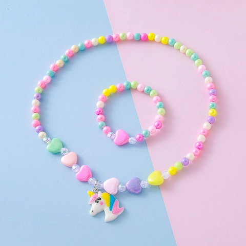 Joyas de Dibujos Animados en Forma de Corazón con Cuentas de Macarrón de Acrílico Colorido Collar y Pulsera de Unicornio