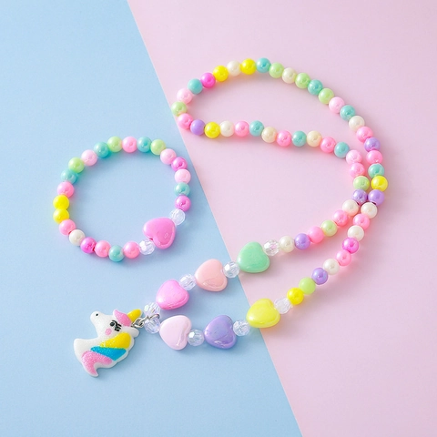 Joyas de Dibujos Animados en Forma de Corazón con Cuentas de Macarrón de Acrílico Colorido Collar y Pulsera de Unicornio