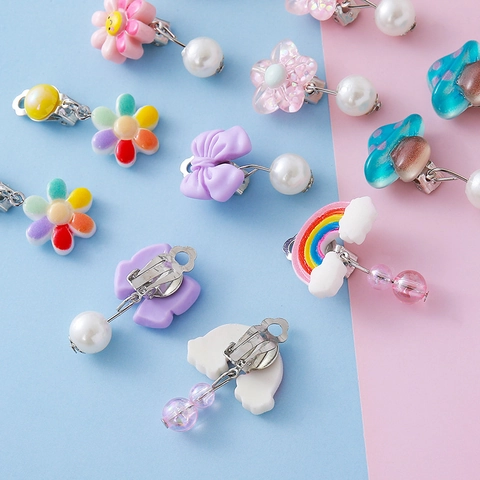 Children Cartoon Ear Clips Resin Rainbow Mushroom Flower Crown Bow Earrings For Kids Non-Pierced Heart Smiley Face Jewelry Gift