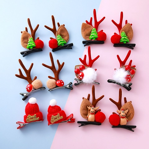 Pinzas para el Cabello de Astas de Reno de Navidad para Niños Mini Horquillas de Gorro de Navidad con Cascabeles Pompones Fiesta