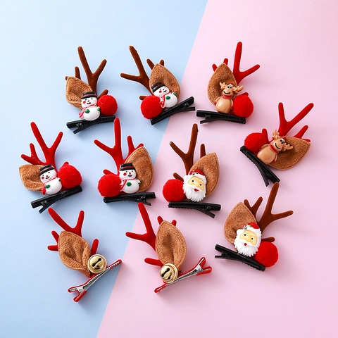 Pinzas para el Cabello de Astas de Reno de Navidad para Niños Mini Horquillas de Gorro de Navidad con Cascabeles Pompones Fiesta