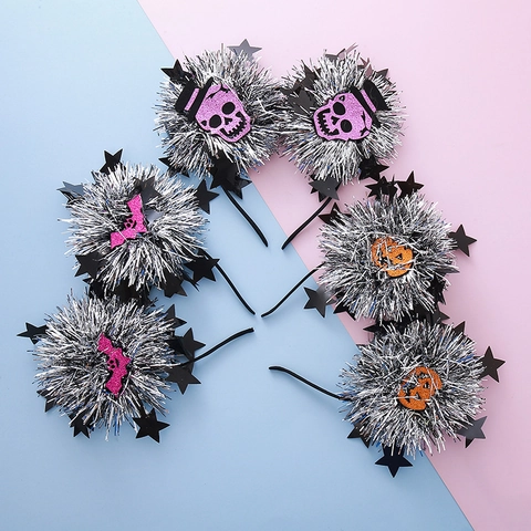 Übertriebener Halloween Glitter Pom-poms Haarreif Mit Kürbis Totenkopf Fledermaus Geist Pailletten Kinder Party Haarschmuck