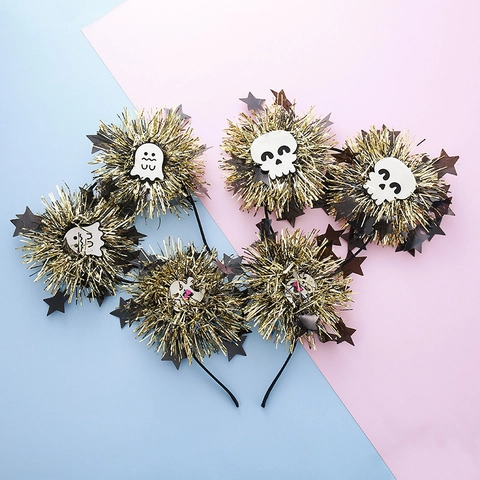 Übertriebener Halloween Glitter Pom-poms Haarreif Mit Kürbis Totenkopf Fledermaus Geist Pailletten Kinder Party Haarschmuck