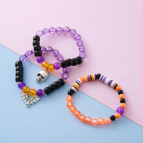 Halloween Children Beaded Bracelet Bat Skull Charm Hallowmas Letter Acrylic Soft Clay Bracelet For Kids Party Jewelry