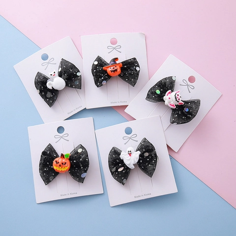 Mollette per Capelli in Mesh con Fiocco per Halloween per Bambini Ragazze Paillettes Resina Zucca Fantasma Pipistrello Gatto Cartone Animato Accessori per Capelli