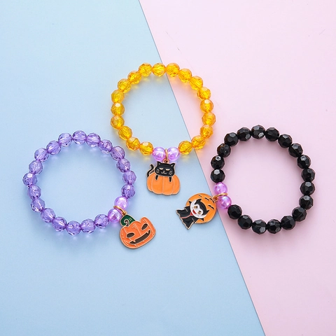 Halloween Cartoon Children Bracelet Pumpkin Cat Ghost Pendant Handmade Beaded Hand Chain For Party Gift Kids Jewelry