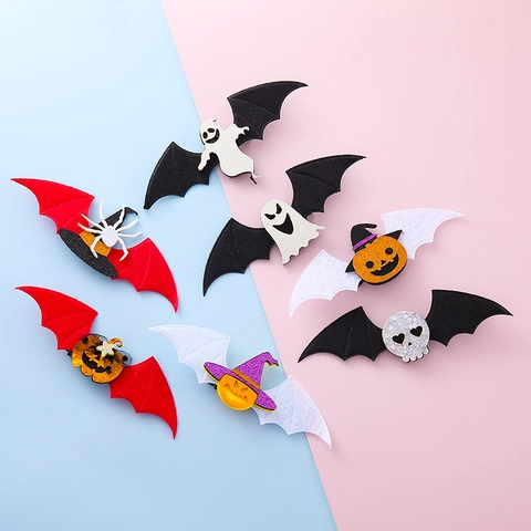 Kids Halloween Bat Wing Hair Clips Glitter Felt Ghost Pumpkin Skull Spider Witch Hat Hairpin Costume Party Accessories