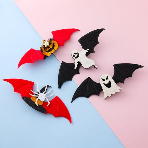 Kids Halloween Bat Wing Hair Clips Glitter Felt Ghost Pumpkin Skull Spider Witch Hat Hairpin Costume Party Accessories