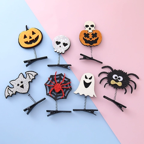 Halloween Kids 3D Shaking Spring Hair Clip Pumpkin Ghost Bat Glitter Felt Duckbill Clip Cartoon Party Hair Accessories