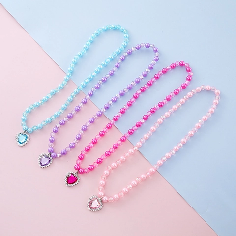 Kids Heart Pendant Beaded Necklace Bracelet Artificial Pearl Rhinestone Jewelry For Girls Cute Princess Jewelry Accessory