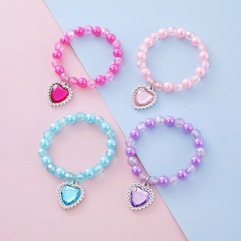 Kids Heart Pendant Beaded Necklace Bracelet Artificial Pearl Rhinestone Jewelry For Girls Cute Princess Jewelry Accessory