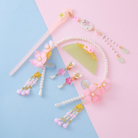 Ancient Chinese Hanfu Hair Accessories Set For Kids Girls Floral Tassel Hairpin Necklace Ear Clips Colored Glaze Jewelry