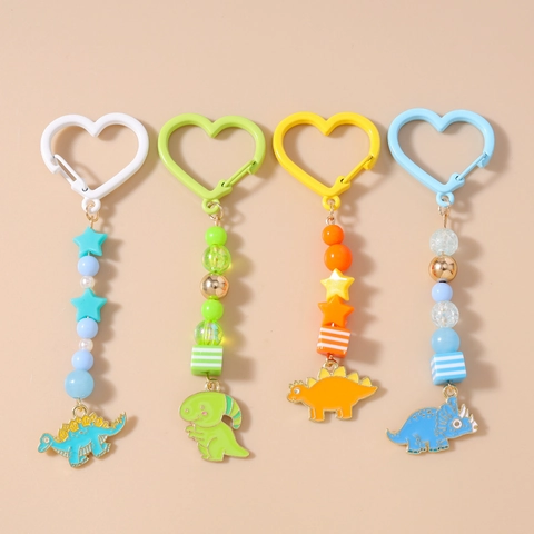 Cartoon Dinosaurier Perlen Schlüsselanhänger Mit Herz Clip Bunte Acrylperlen Zinklegierung Emaille Tier Tasche Anhänger Für Damen Geschenk