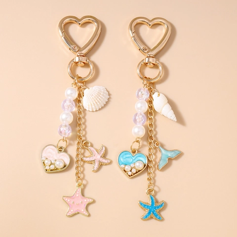 Ocean Theme Heart Conch Starfish Keychain For Women Artificial Pearl Enamel Zinc Alloy Bag Pendant Marine Style Keychain