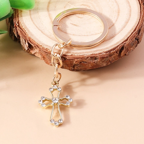 Llavero De Cruz Calada De Lujo Con Diamantes De Imitación Colgante De Aleación Chapado En Oro Para Decoración Bolsos Mujer
