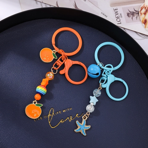 Cute Fruit Starfish Metal Keychain With Bell Colorful Beads Lacquered Zinc Alloy Orange Sea Star Enamel Bag Pendant Key Ring