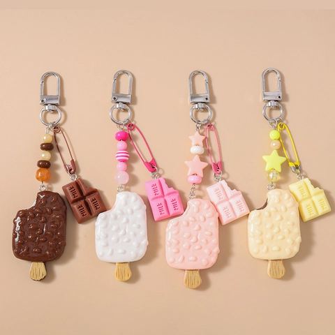 Creative Simulation Ice Cream Chocolate Resin Keychain For Women Beaded Star Charm Bag Pendant Sweet Jewelry Keyring Gift