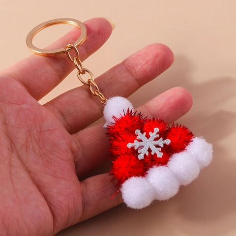 Portachiavi con Pompon in Peluche a Forma di Cappello di Natale per Donna Rosso Bianco con Ciondolo a Fiocco di Neve Regalo