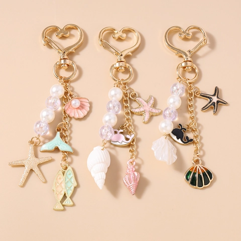 Portachiavi Tema Oceano Stella Marina Balena Conchiglia Lega di Zinco Ciondolo di Perle Chiusura Cuore Accessorio per Borsa