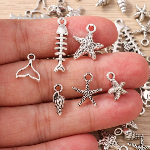 Antique Silver Zinc Alloy Ocean Charms Fish Bone Starfish Conch Fish Tail Pendants For DIY Earring Jewelry Making