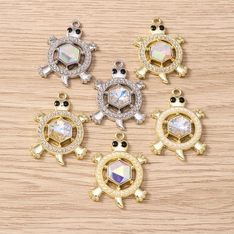 Alloy Turtle Pendant With Hexagonal Gem And Rhinestone Faux Artificial Pearl For DIY Necklace Bracelet Jewelry Making Accessories