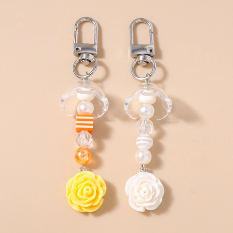 Handmade Resin Rose Flower Beaded Keychain With Jellyfish Bell Cap Striped Artificial Pearl Beads Bag Pendant For Women