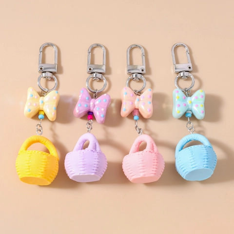 Llavero Creativo de Minicanasta Tejida Con Lazo de Lunares Color Macarrón Resina Colgante de Bolso para Mujer