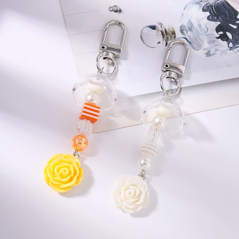Handmade Resin Rose Flower Beaded Keychain With Jellyfish Bell Cap Striped Artificial Pearl Beads Bag Pendant For Women