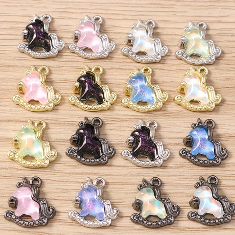 DIY Unicorn Rocking Horse Alloy Resin Enamel Iridescent Pendants For Necklace Bracelet Keychain Women Jewelry Accessories