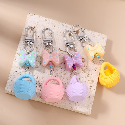 Llavero Creativo de Minicanasta Tejida Con Lazo de Lunares Color Macarrón Resina Colgante de Bolso para Mujer