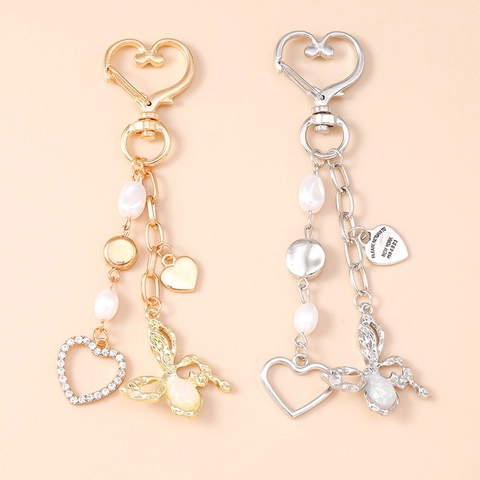 Portachiavi in Lega con Cuore e Farfalla con Accenti di Künstliche Perle d'Imitazione e Strass per Borsa Donna Elegante Accessorio Moda