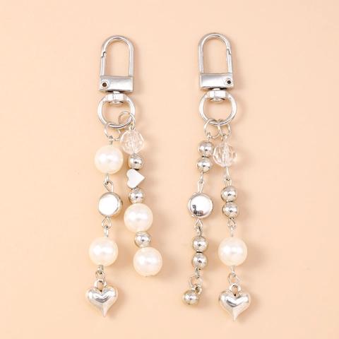 Zinc Alloy Artificial Pearl Heart Keychain Beaded Key Ring Fashion Bag Charm Pendant Jewelry Accessory For Women Valentine Gift