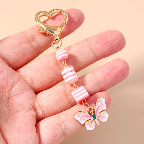 Fashion Rainbow Striped Beaded Keychain Heart Lobster Clasp Butterfly Pendant Bag Charm Colorful Beads Key Ring For Women Girls Gift