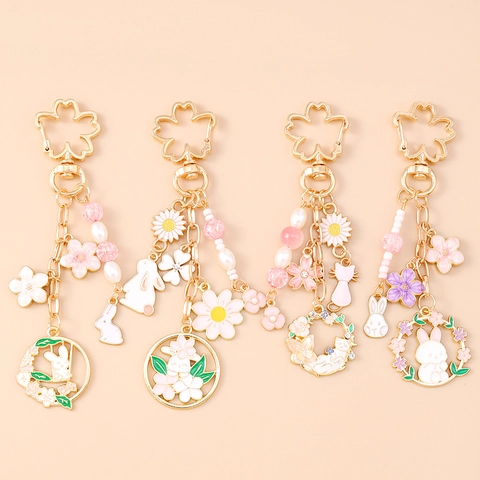 Japanischer Stil Kirschblüte Hase Schlüsselanhänger Zinklegierung Emaille Blumengirlande Tasche Anhänger Kunstparel Schlüsselring Geschenk
